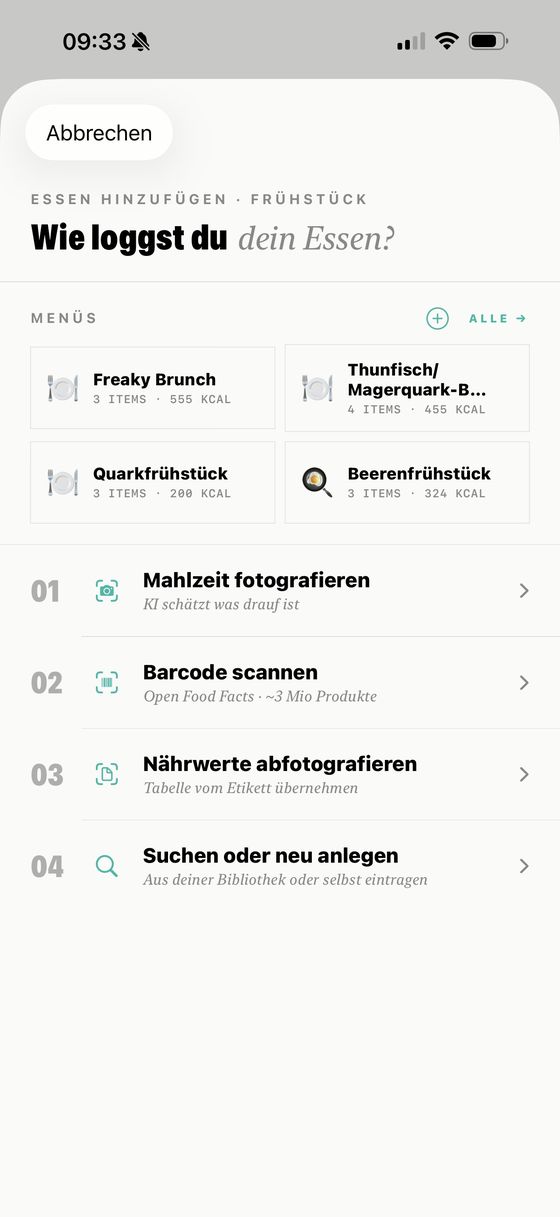 Essen loggen per Foto und Barcode