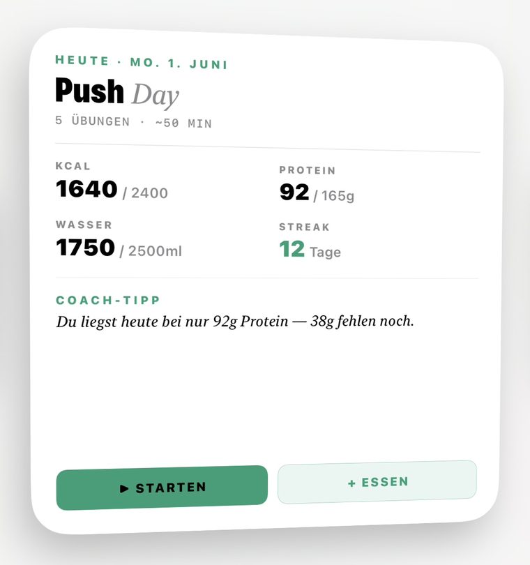 Trainings-Widget: Push Day mit kcal, Protein, Wasser, Streak und Coach-Tipp