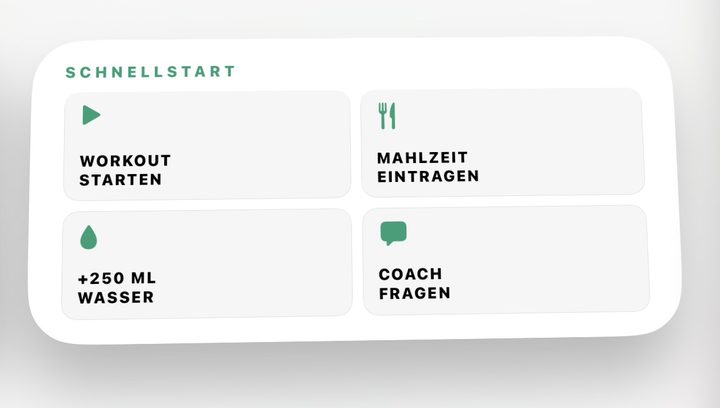 Schnellstart-Widget: Workout, Mahlzeit, Wasser, Coach